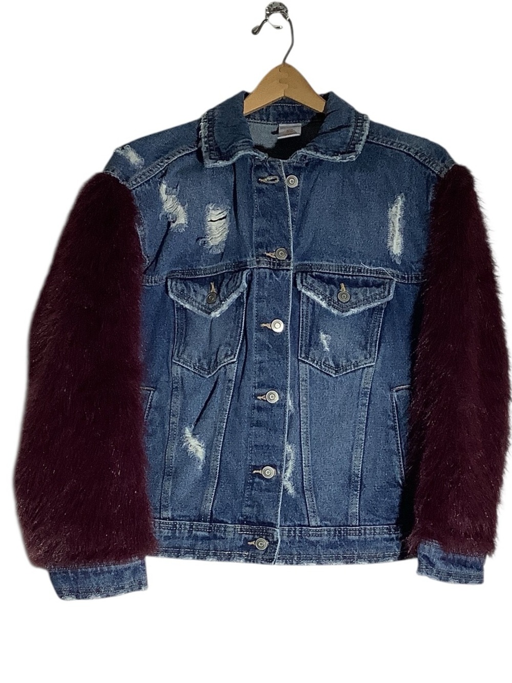 Distressed, Up-cycled Denim Jacket with Faux Fur Sleeves Size S